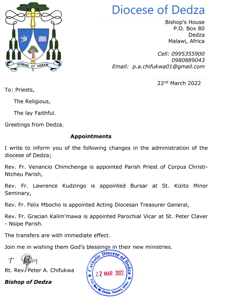 Dedza Diocese administration changes