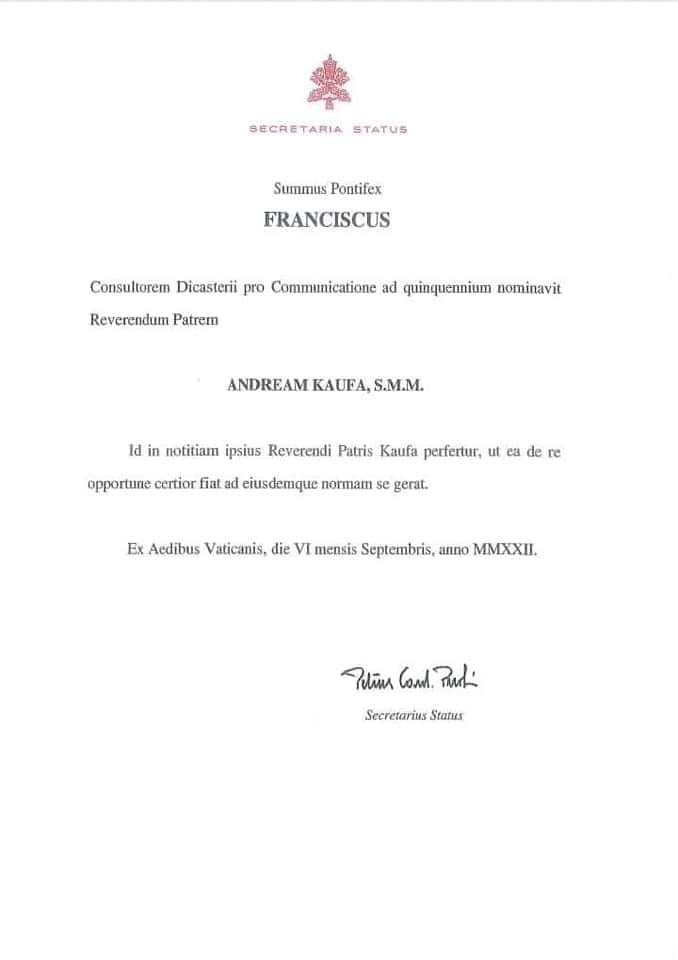 Fr Kaufa appointment letter