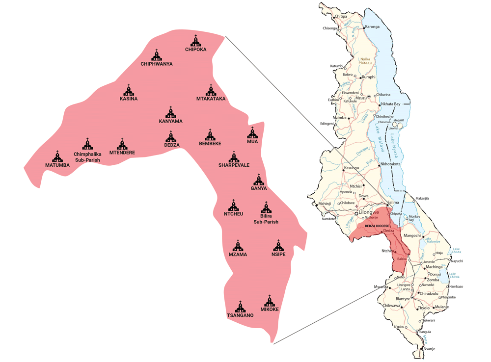 Map of Dedza Diocese parishes