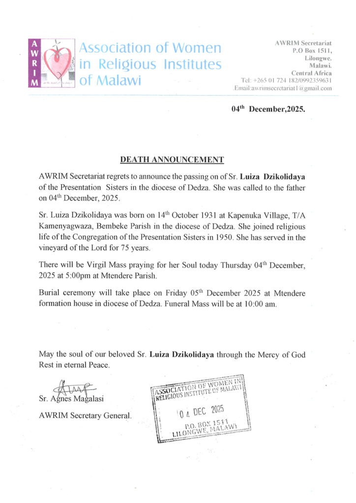 Death announcement of Sr Luisa Dzikolidaya